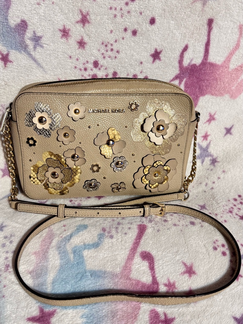 Michael Kors Beige Floral Applique Leather Crossbody Bag with Gold Accents